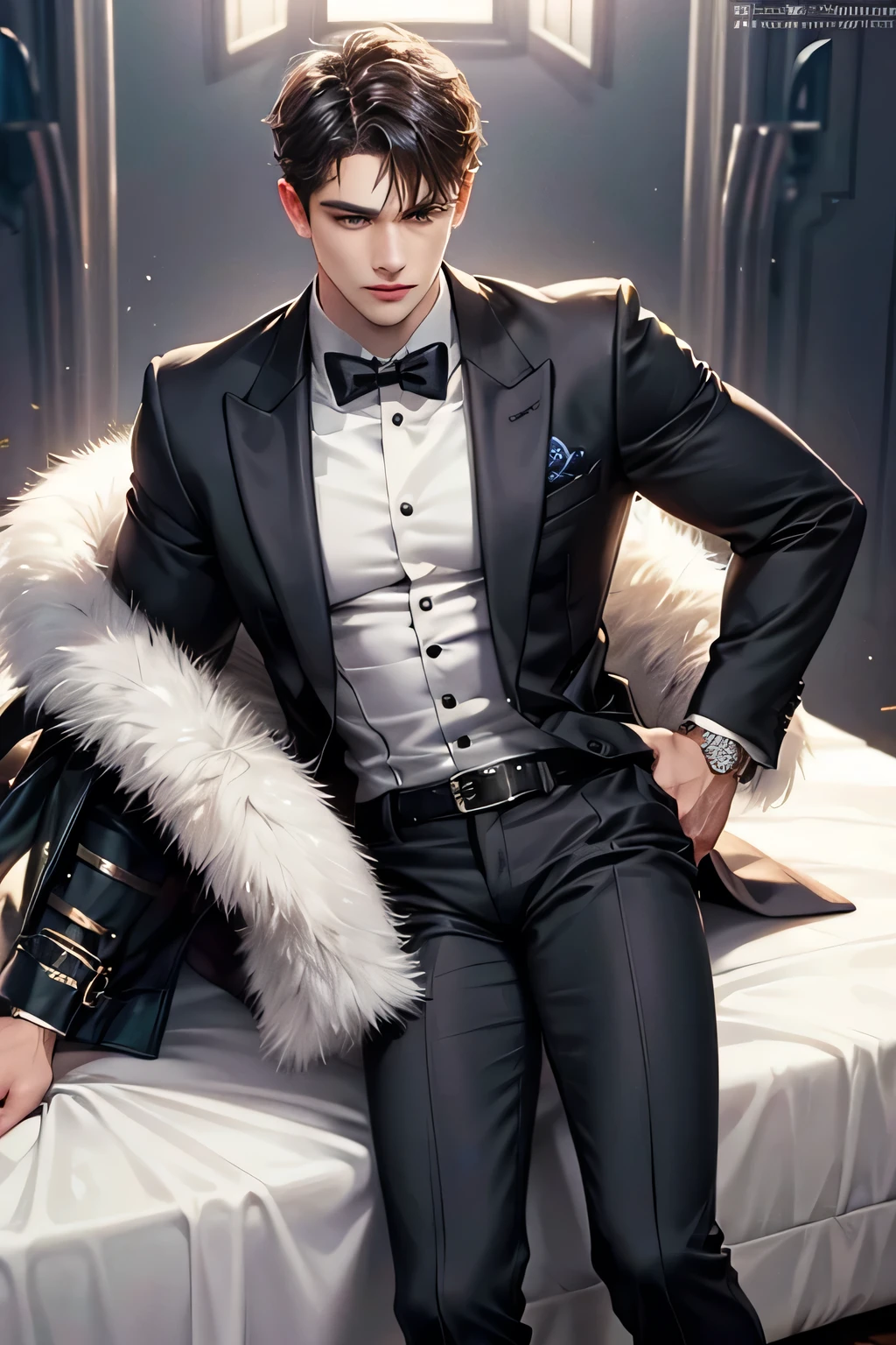 A handsome guy in a suit was lying on the bed, his expression confused, bulging, and the cream dripping on his body