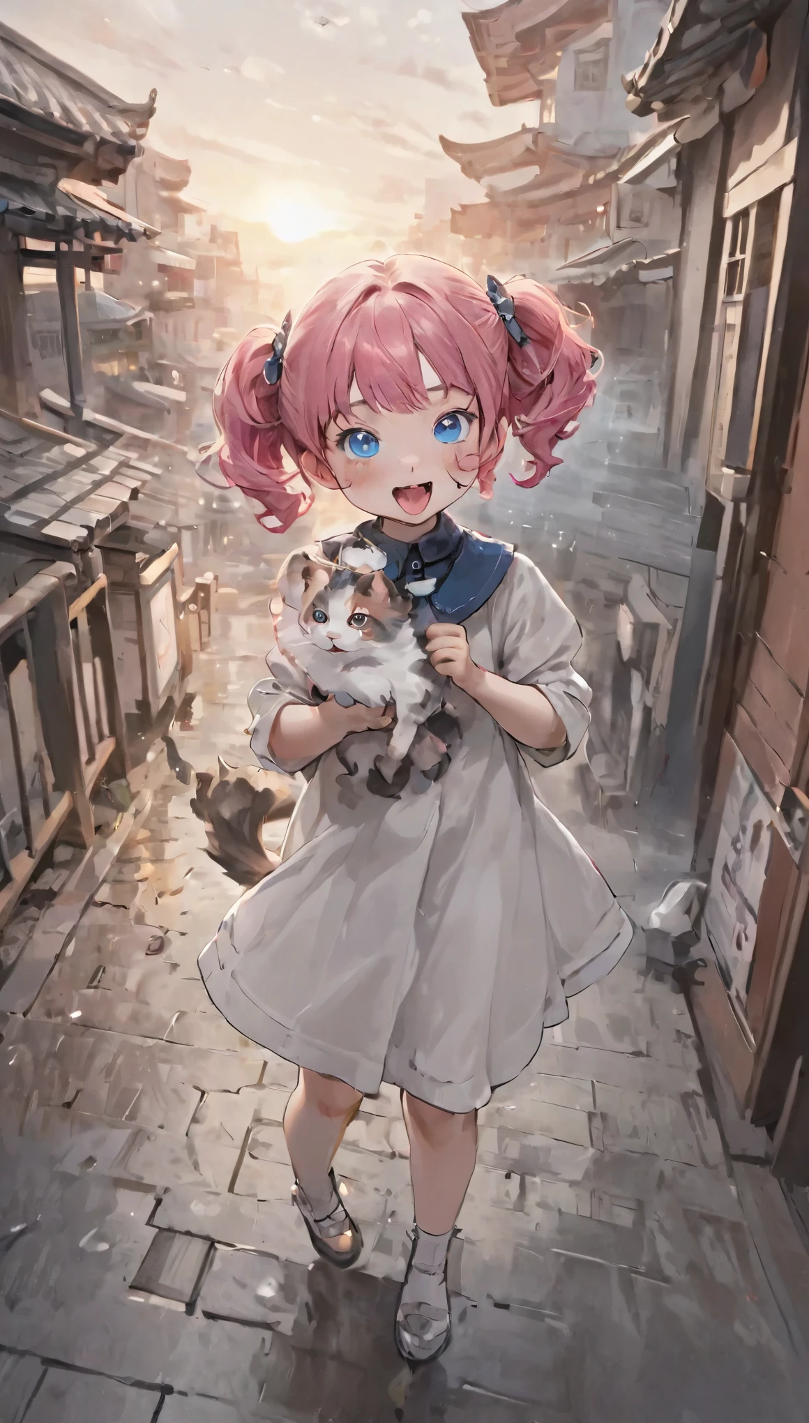 Highest quality、masterpiece、One Girl、、White skin、Wicked Smile:0.8、Open your mouth、(Sticking out tongue)、Pink Hair。Twin tails、Hair Clip、big hair clip、Cute Hair Clips、Gray eyes、Little red cheeks and nose、BREAK、A very detailed drawing of a calico cat、Insane Details、Highly detailed cat、Blue Eyed Cat、A calico cat strolling around as if it owns the place、Calico cat walking on the promenade、BREAK、Happy, Warm and soft lighting, sunset, (spark:0.7)