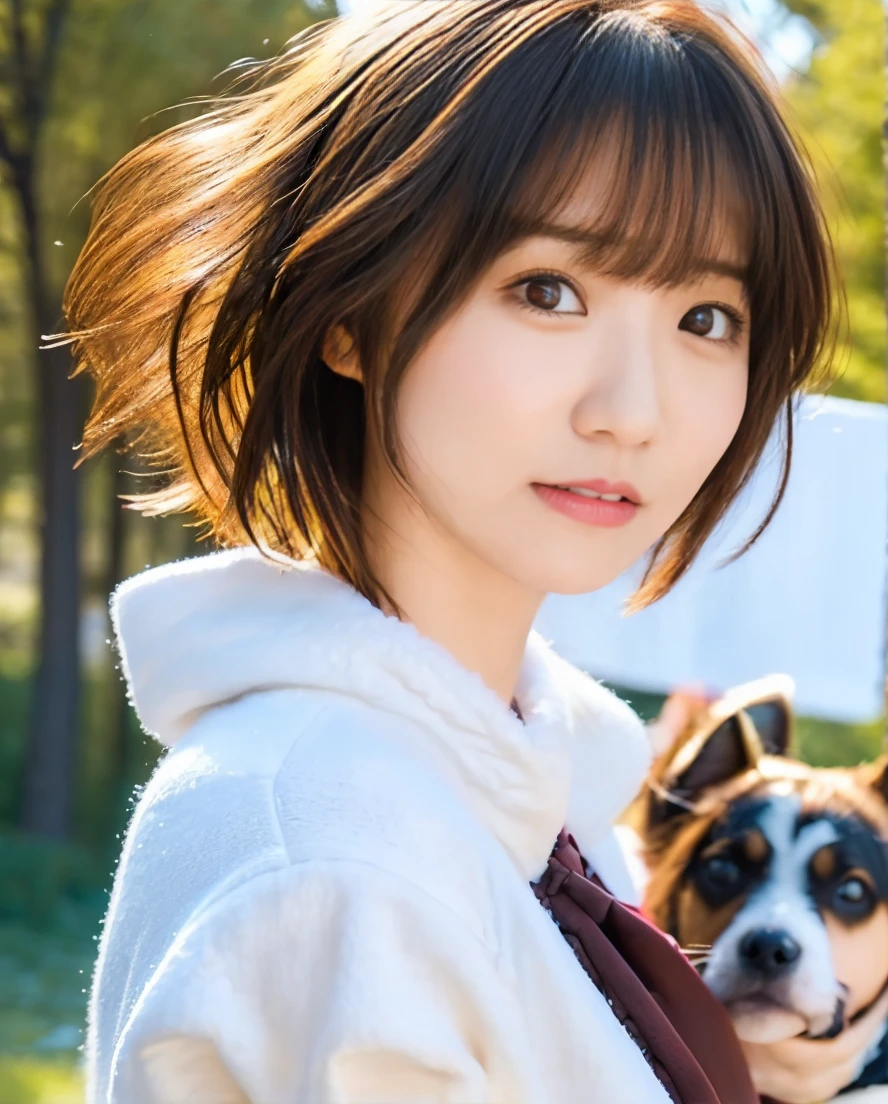 Being with a dog、A girl and a dog warming themselves by a bonfire、Lens flare、Hair blowing in the wind、Medium Short Hair、、Expressing the whiteness of one's breath、Photo from the waist up、Night city illumination shot、Cowgirl Shot、Fur coat、豪華なグレーのミンクのFur coat、Wear fine leather boots、Luxury Bags、Inner turtleneck、Silver necklace and small silver earrings Millionaire style:1.4))、Full body photo、smile、 Caustics、Highly detailed photos、Very beautiful woman 、Ample breasts、No makeup、(8K、RAW Photos、Highest quality、masterpiece:1.2)、(Realistic、Realistic)、1 Girl、((Medium Short Hair、Midwinter、Cold region Snow falling、The wind is blowing、Fluttering Hair、Blur the background、Colorful illuminations、Looking into the camera:1.4))、