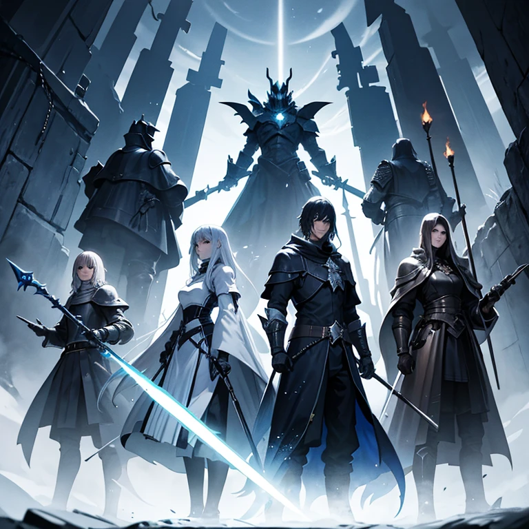 Knights and wizards in dark armor, with elemental weapons in their hands and black shields