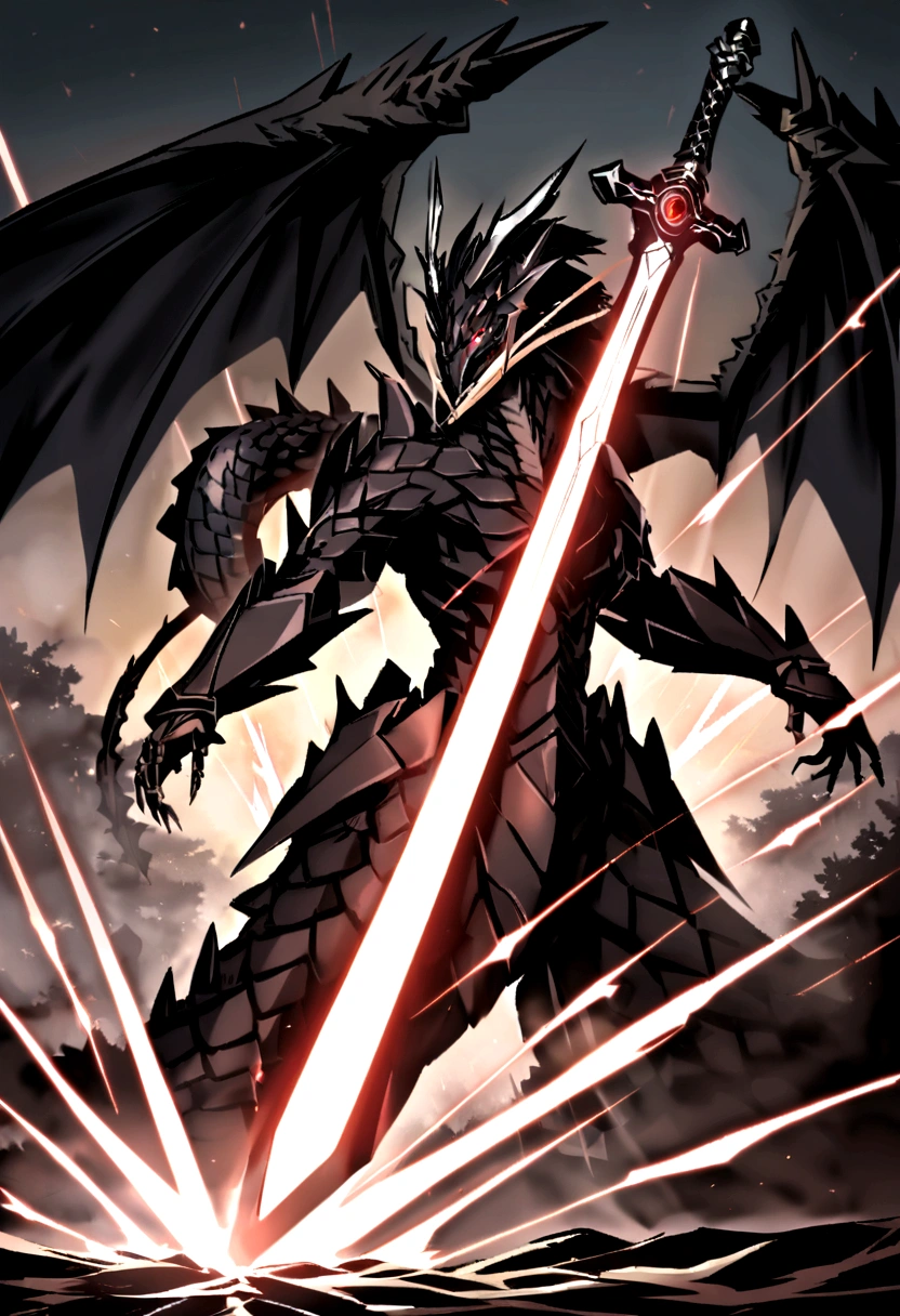 Shikai Liberation Command: "Rugge, Kurogane Ryū" (Rugge, Black Iron Dragon)
form: When the Shikai is activated, The Zanpakutō transforms into a large double-edged sword with a black metallic appearance and silver sparkles.. The blade has a texture similar to dragon scales, and the blade can be extended and retracted at will.