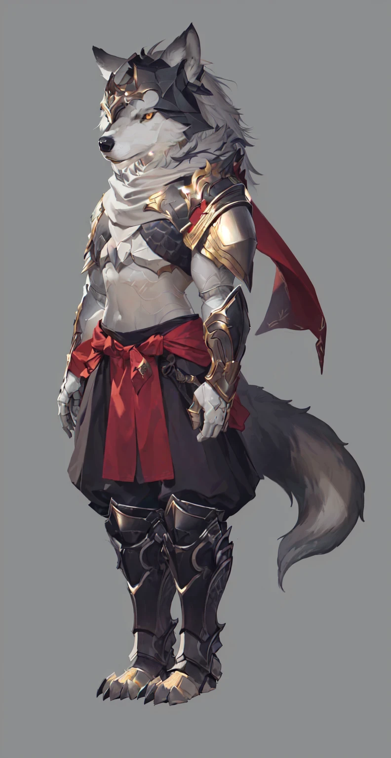 Close-up of man in wolf costume, Wolf-inspired armor, detailed Whole body concept art, detailed Whole body concept, Anthropomorphic wolf girl, Wearing a white scarf,Whole body concept, Wolf Armor, Minotaur Wolf, High resolution commissions, Male Warrior, Full body character concept, Whole body concept art, Female body