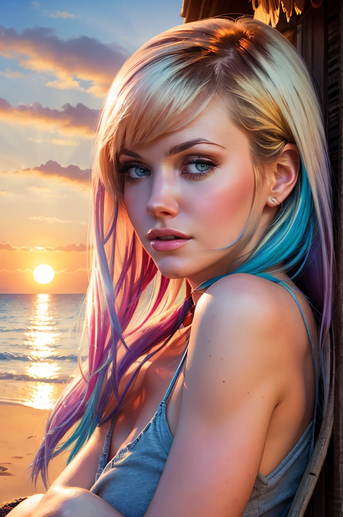 ((beste-Qualit)), ((tmasterpiece)), ((Realistic)), Ultra-detailed, young Anna Faris, Twintails Medium Length Hairstyle, hot beach, sunset, Perfect colorful gradient, Illustration Style: Ernst Fuchs, 8к