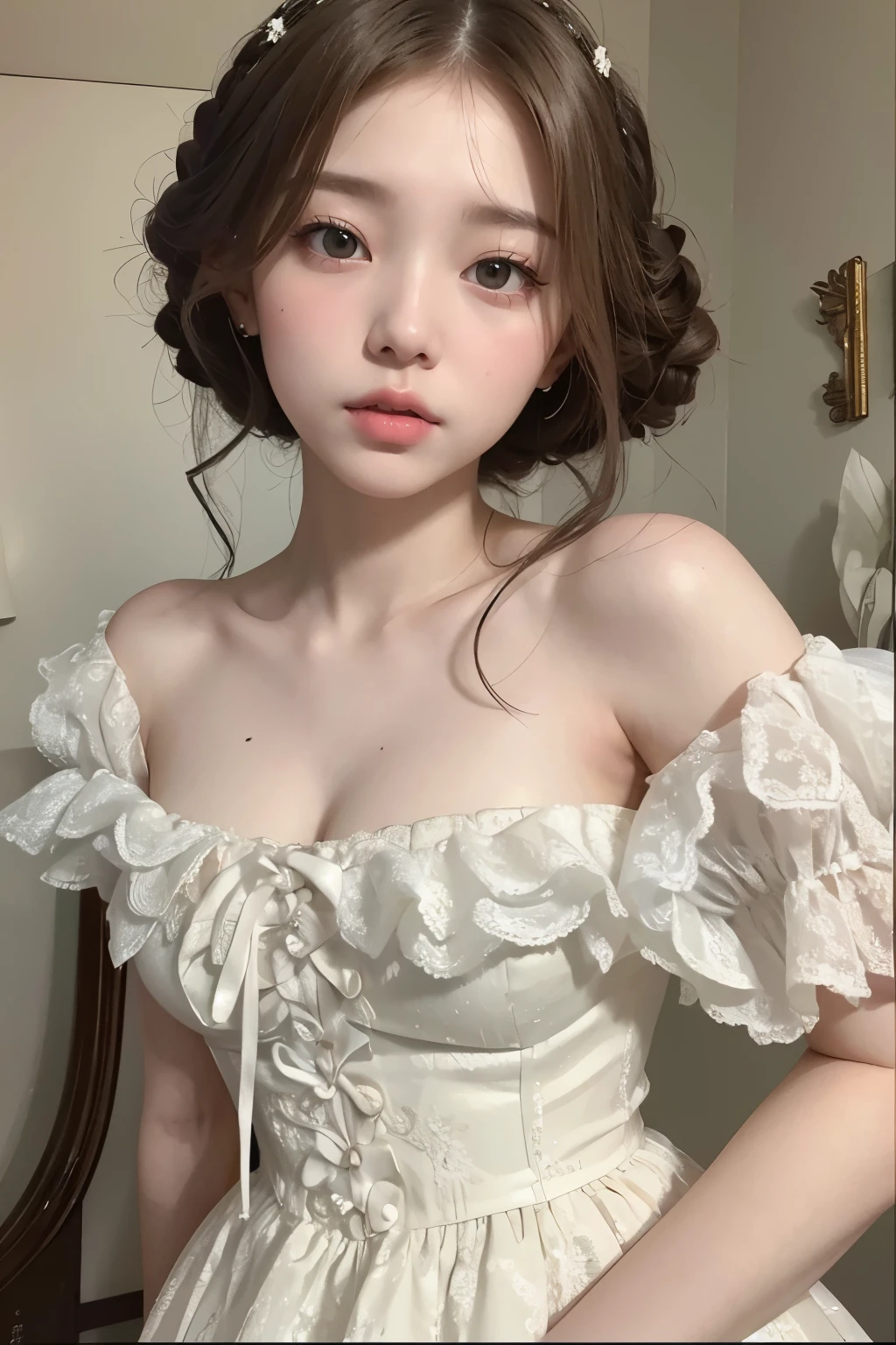 there is a woman in a dress posing for a picture, puff sleeves, belle delphine, pale fair skin!!, porcelain pale skin, 🤤 girl portrait, lovely delicate face, a stunning young ethereal figure, ivory pale skin, wearing a cute top, wearing 10s era clothes, in a high renaissance style, detailed dress and face, vintage aesthetic, Korean girl, lalisa manoban