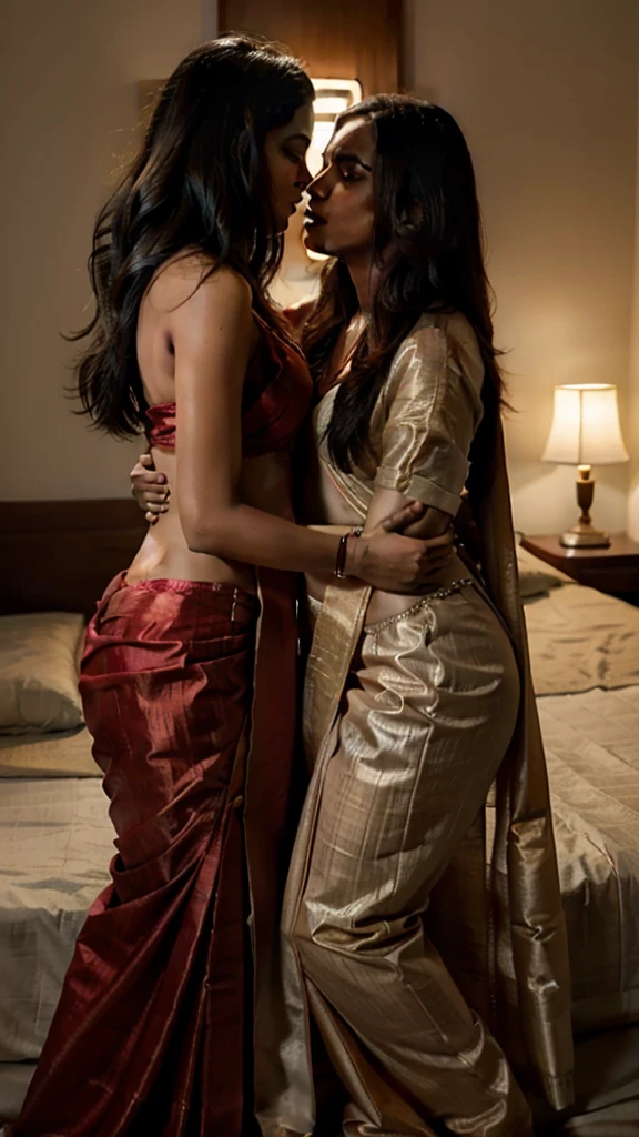 Deepika Padukone and Malavika Mohanan lesbian kissing in saree on the bed