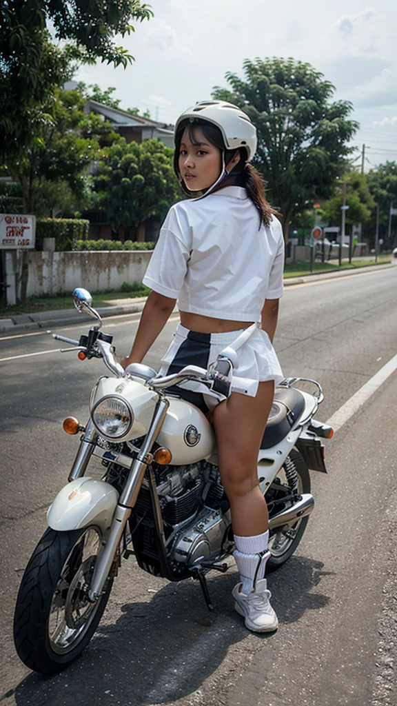 A filipina girl wearing a white rider outfit and riding bigbike motor in the road.