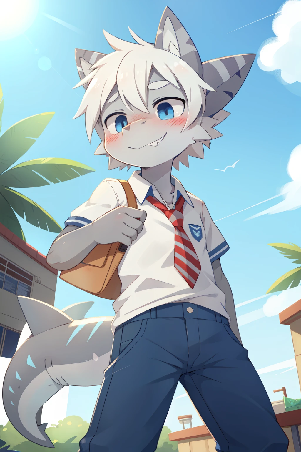 score_9,score_8_up,score_7_up, source_cartoon, source_furry, grey body, (short snout), shark boy, shark tail, white hair, spiky hair, spike side hair, furry, blush, looking at viewer, smile, 1boy, shark ears, furry male, two tone body skin, grey body, white body, ((school uniform shirt, blue pants)), school class, clear sky, blue eyes, blush, shy, standing, 