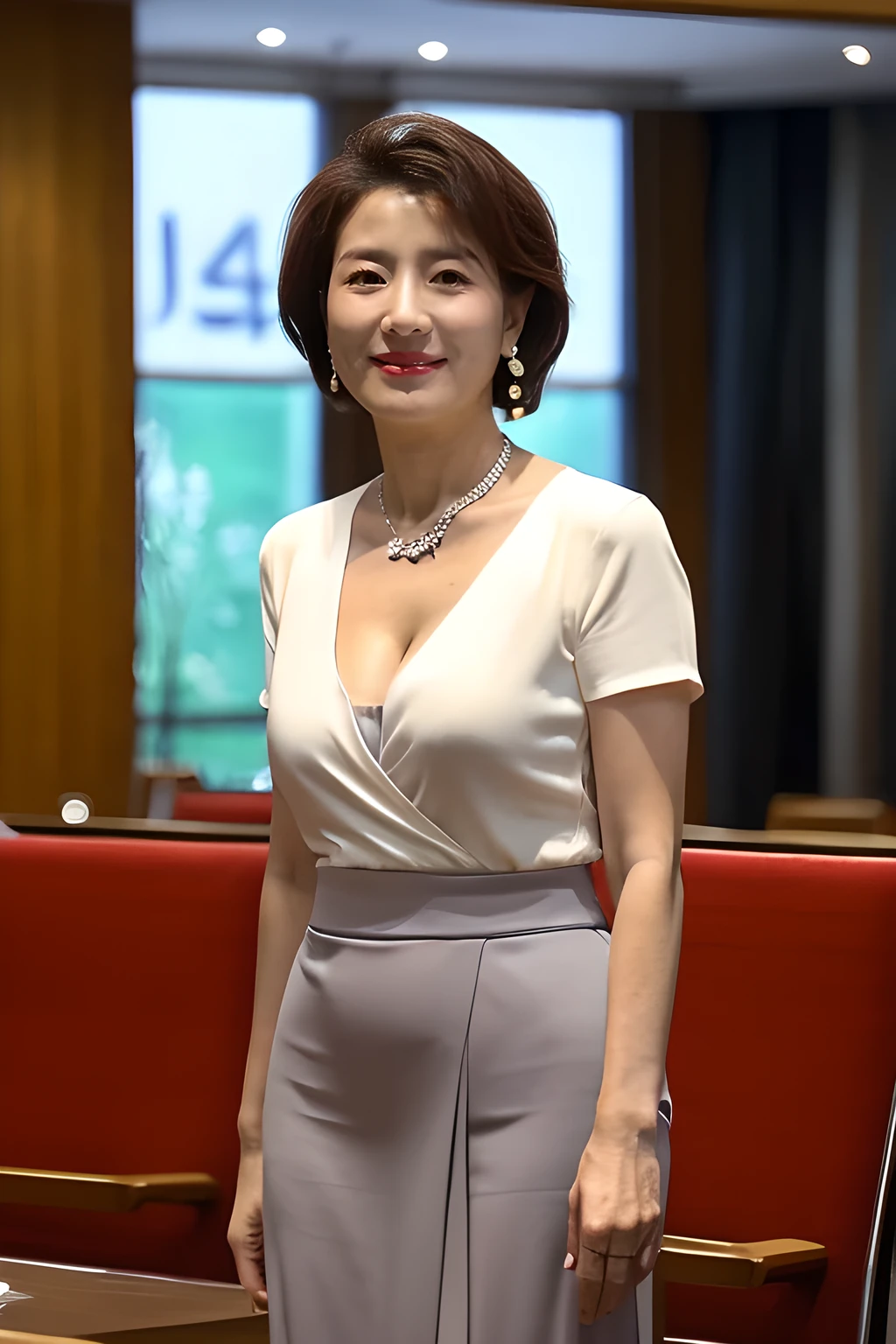 highres,realistic,(japanese mature woman politician:1.2),(45 years old:1.2),cleavage,earrings,real skin,mole under eye,smile,medium breasts,sagging breasts,silver necklace,,meeting,indoors,wide hips,lower abdomen,slit skirt,summer,hotel conference hall,from below ,from side ,politicians' clothes,gathering
