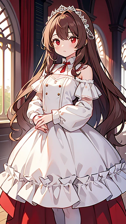 one girl,brown long hair,red eyes,white wedding dress,white shoes,with both hands on the chest