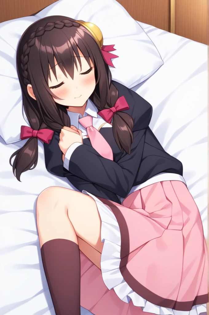 alone, One girl, Crown braids in the same color as your hair, hair ornaments, Hair Ribbon, Pink tie, Black long sleeve, Pink Skirt, Knee socks, Cleavage, bed、Black Hair、(Sleeping happily with both eyes closed:1.5)、(blush:1.2)、(Pink Panties)、Sleeping with knees hugged