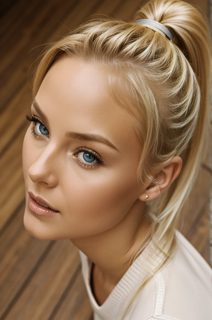 blonde woman, on her knees, looking up at camera, detailed face, ponytail, shot from top angle