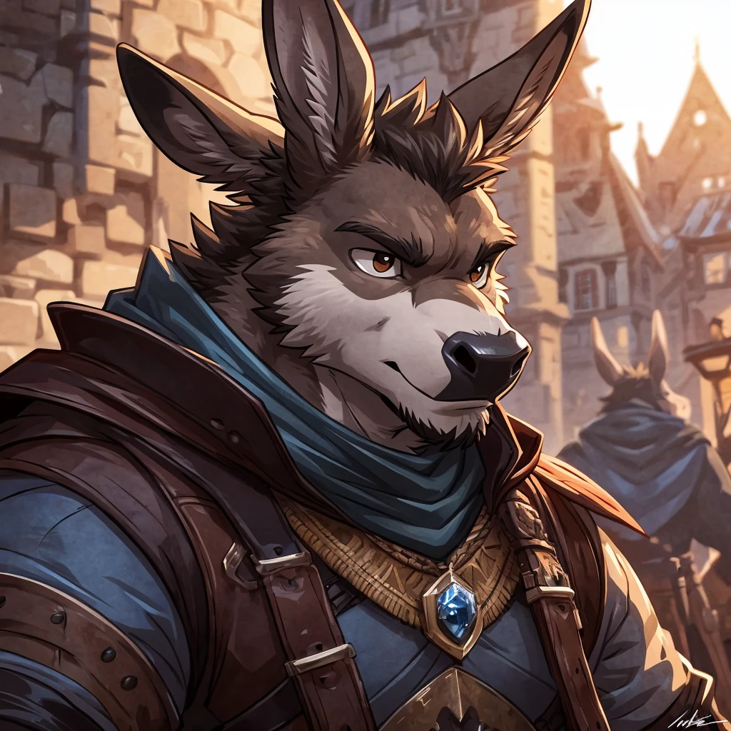 anthro donkey, ((brown donkey)) 4k, high resolution, best quality, posted on e621, solo, anthro body, male, adult, masculine, medieval, correct anatomy, (icon), (blurry background, out-of-focus background:1.2), (by takemoto arashi:1.0), (by wfa:1), (by Taran Fiddler:0.5), young, (cel shaded, cartoony shading:1.2), black lineart, black outline, flat coloring, (strong shadows, dark shadows:1.2), dynamic pose, portrait, close up to face, (simple clothes,