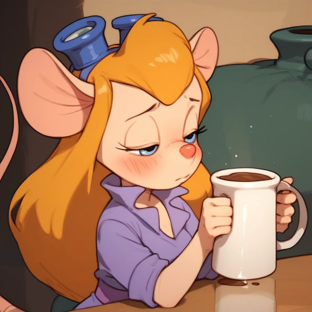 score_9, score_8, score_7, score_6, mouse tail, gadget, cartoon, score_9, score_8_up, score_7_up, sourc_anme, 1girl, half closed eyes, :o, blush, long hair, solo, milking self, coffee mug, (((milking into mug))), ((one breast out)), indoor, blurry background, pouring breasts milk, leaning forward, (flowing into mug), (pouring into mug, milk flowing from nipple into mug), (breast squeeze), :o, hand on one breast, looking away, standing,   table, (coffee shop), large breasts, unbuttoned, white shirt, yellow apron, pov, open mouth, shy, embarrassed, no pants, no panties, lactation, nipple, boob, topples,