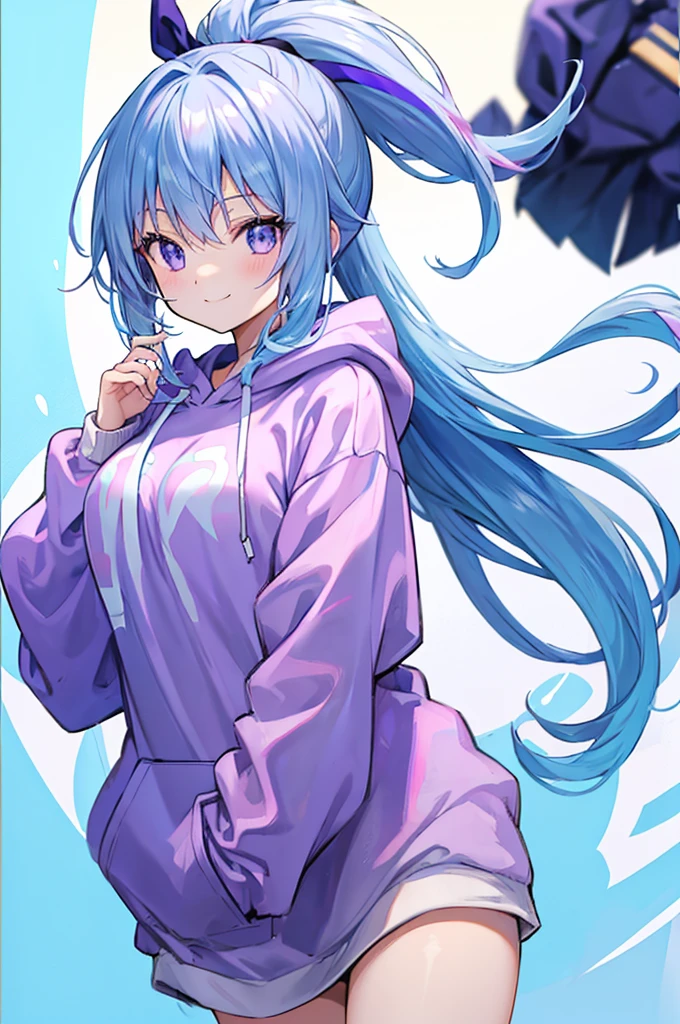 Light blue hair、Purple Eyes、High ponytail、cute、smile、A hoodie so big you can&#39;t see your hands、White Skirt