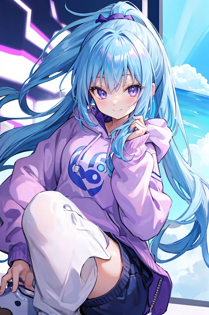 Light blue hair、Purple Eyes、High ponytail、cute、smile、A hoodie so big you can't see your hands、White Skirt