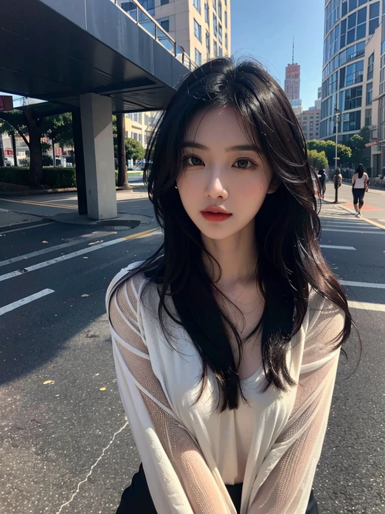 one girl,Beutiful women, In the city,During the day,Office Lady,Long Hair,Black hair color