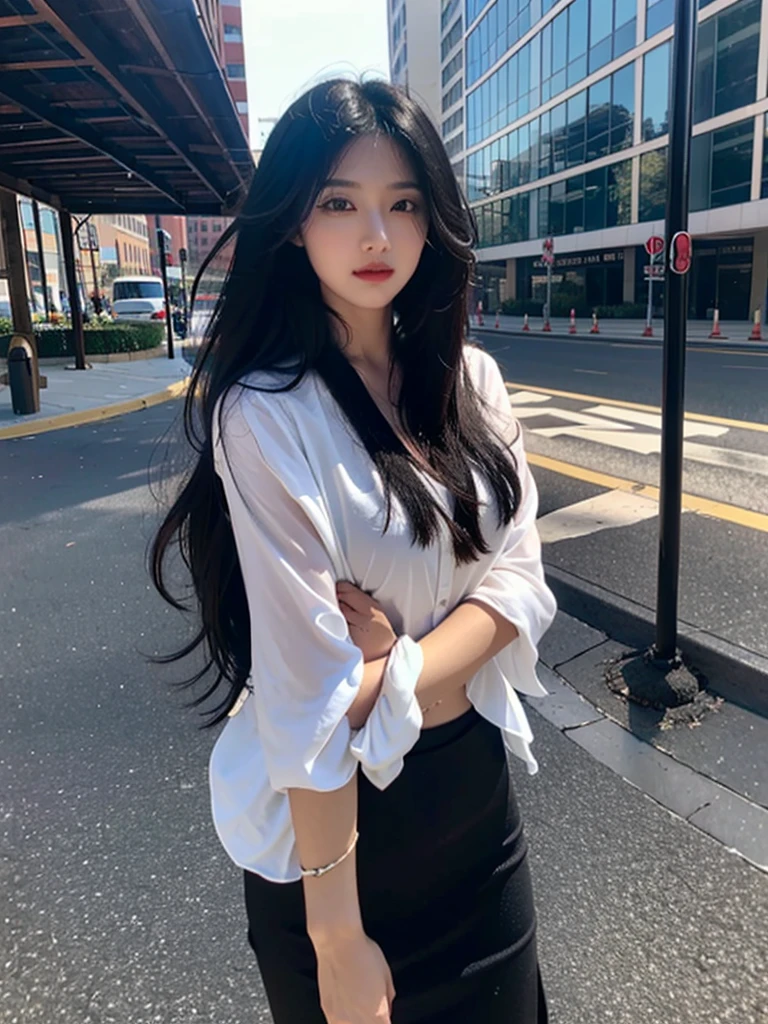one girl,Beutiful women, In the city,During the day,Office Lady,Long Hair,Black hair color