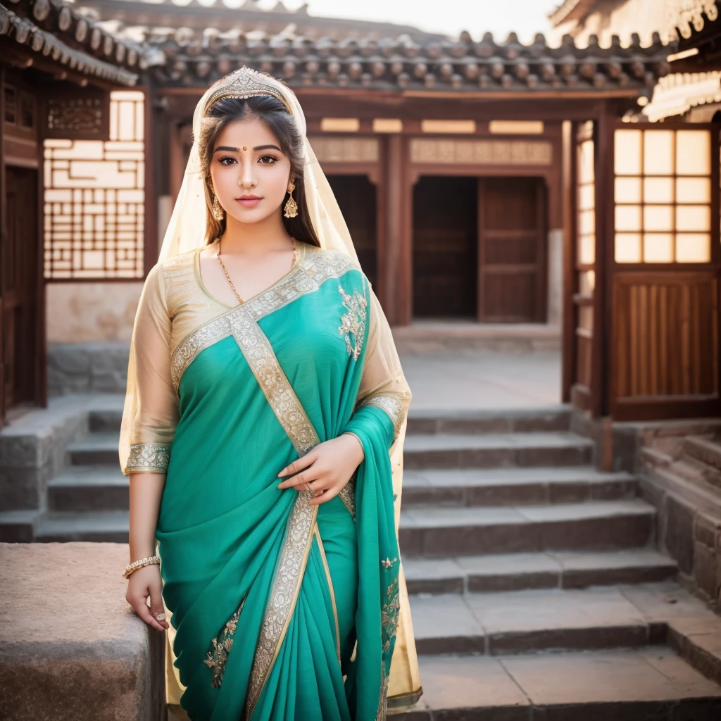 1 Heavenly beautiful and goddess beauty cute and sweet looking face Arabian female in front of Ciqikou Ancient Town, China, Heavenly beautiful Overweight, Heavenly beautiful Extremely fat, Heavenly beautiful and attractive Chubby figure , Heavenly beautiful looking and eye catching luxury style Kanjeevaram Saree , reaching out, Heavenly beautiful Arabian woman, 16k, High resolution, masterpiece, highest quality, fine skin, outside view, Realistic Photograph