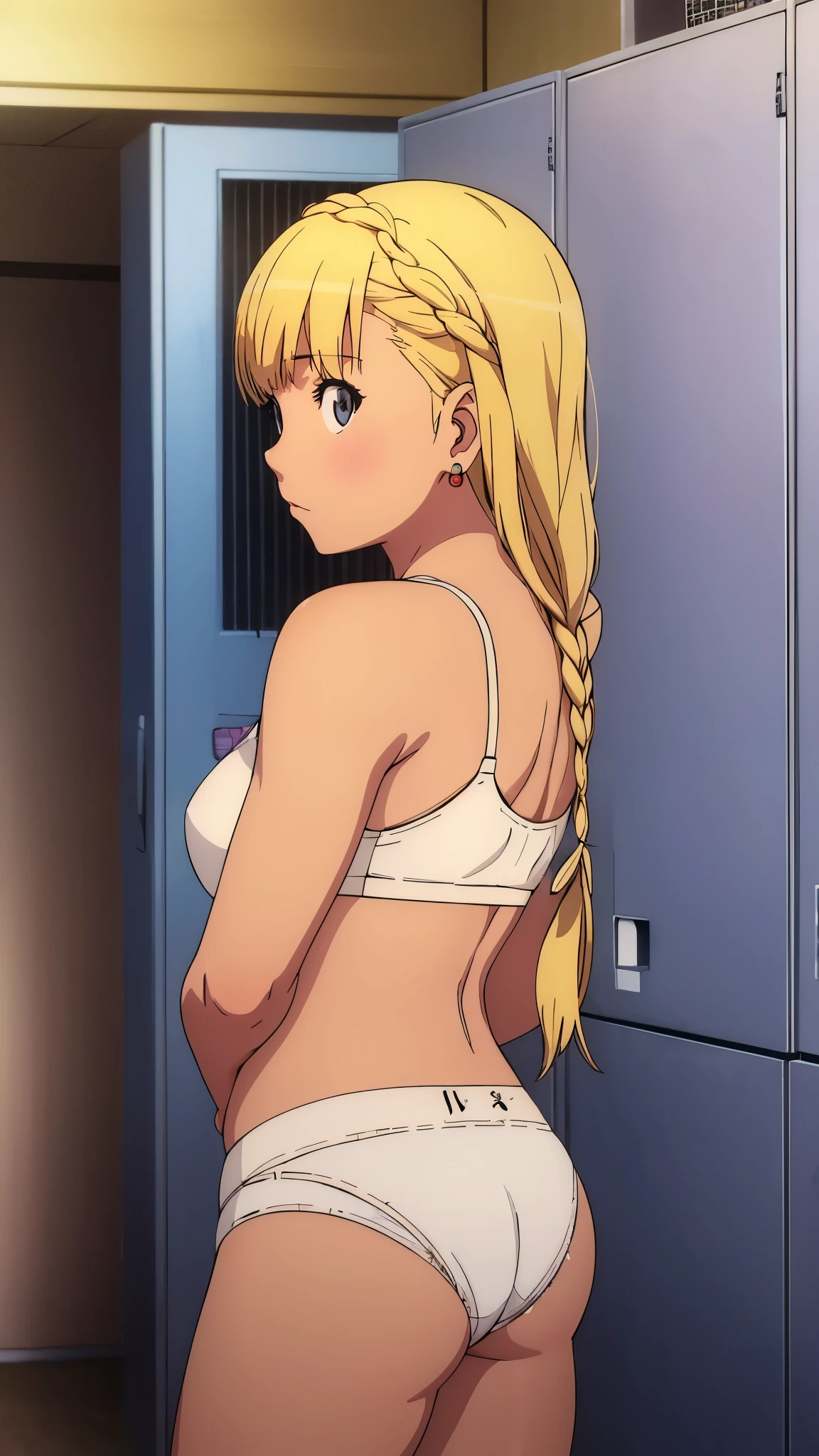 (high school girl、Tan Skin、Brown skin、Earrings、Change of clothes、cap、shirt、satin bra、Satin Panties)、(Hairstyle:french braid、Blonde)、locker room