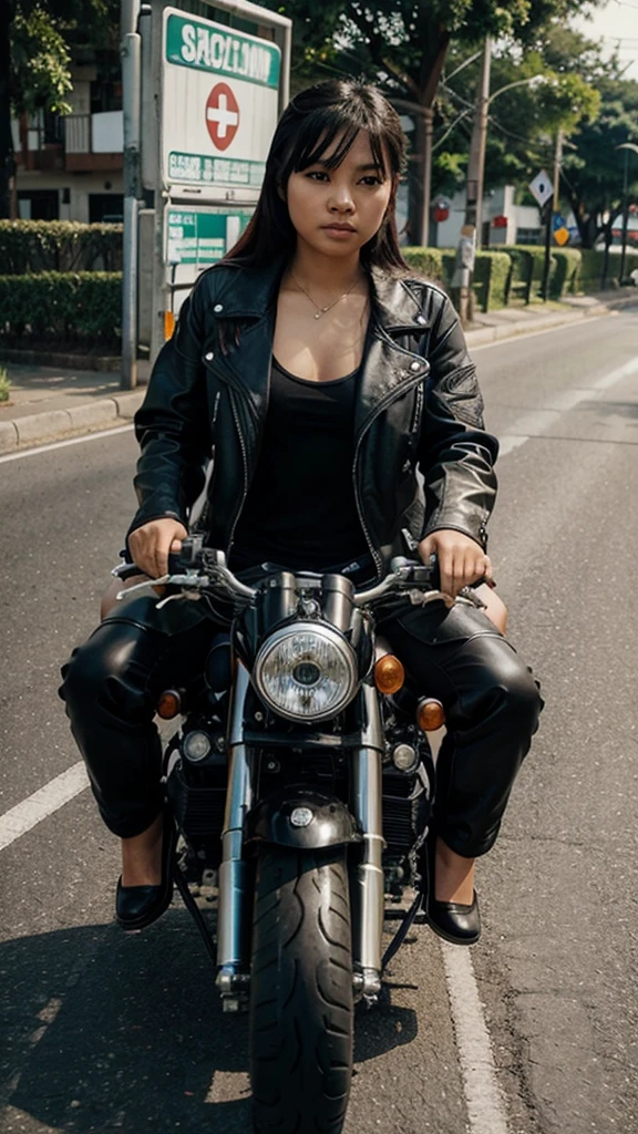 A filipina girl wearing a black jacket rider outfit and riding bigbike motor in the road.