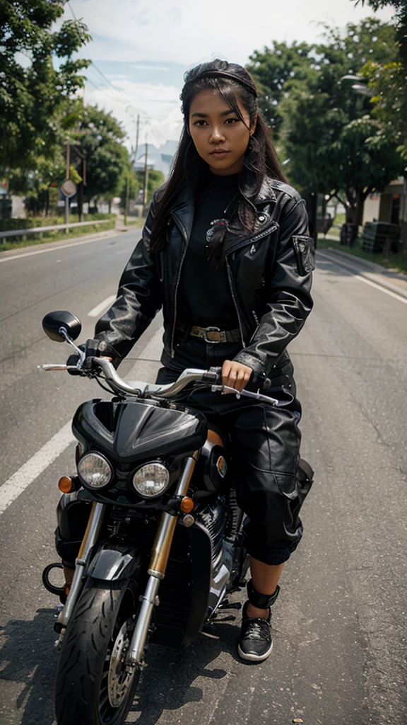 A filipina girl wearing a black jacket rider outfit and riding bigbike motor in the road.