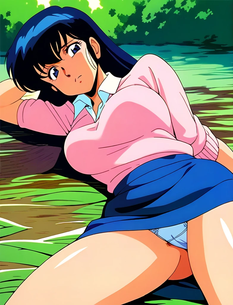 Kyoko,score_9,score_8_superior,score_7_superior,sauce_anime,One girl,alone,View your viewers,soaked,downpour,in the forest,Pink Sweater,White collared shirt,length_skirt,blue skirt,Spread your legs,Dew panties,Lying down,Sad face,:d,arms_behind_return,