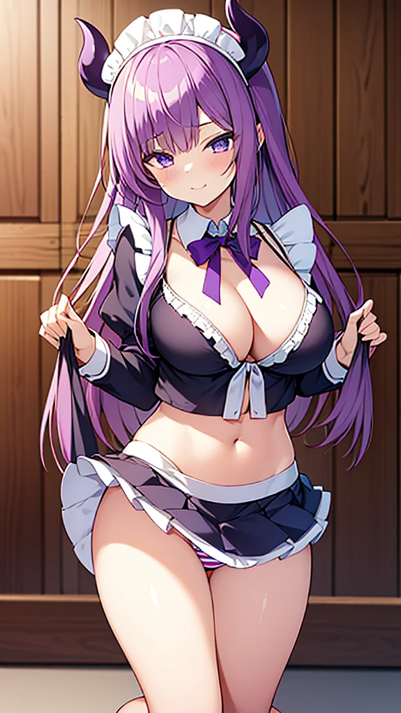 最high quality, high quality, 16K, Ultra-detailed details, pretty girl, alone, beautiful purple hair, Beautiful purple eyes, Big Breasts, A light smile, Summer clothes, Summer Maid clothes, I'm lifting my skirt, Blue and white color striped underwear(Bikini swimsuit under skirt), My crotch is wet with love juice, {{A succubus who steals the face skin and maid uniform from the girl she likes and plays pranks on her}}, Full body image, NSFW