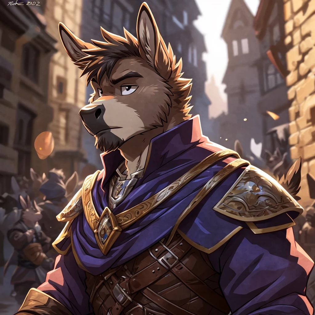 anthro donkey, ((young brown donkey)) 4k, high resolution, best quality, posted on e621, solo, anthro body, male, adult, slim, medieval, correct anatomy, (icon), (blurry background, out-of-focus background:1.2), (by takemoto arashi:1.0), (by wfa:1), (by Taran Fiddler:0.5), young, (cel shaded, cartoony shading:1.2), black lineart, black outline, flat coloring, (strong shadows, dark shadows:1.2), dynamic pose, portrait, close up to face, (simple clothes,