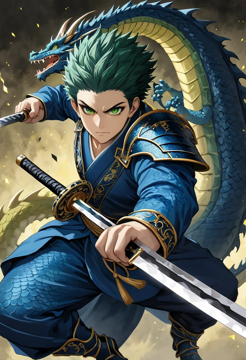 ((melhor qualidade)), ((obra de arte)), (detalhado), rosto perfeito
kunoichi, green eyes, blue kimono dragon texture, armor on legs and arms, holding short sword, fighting pose,