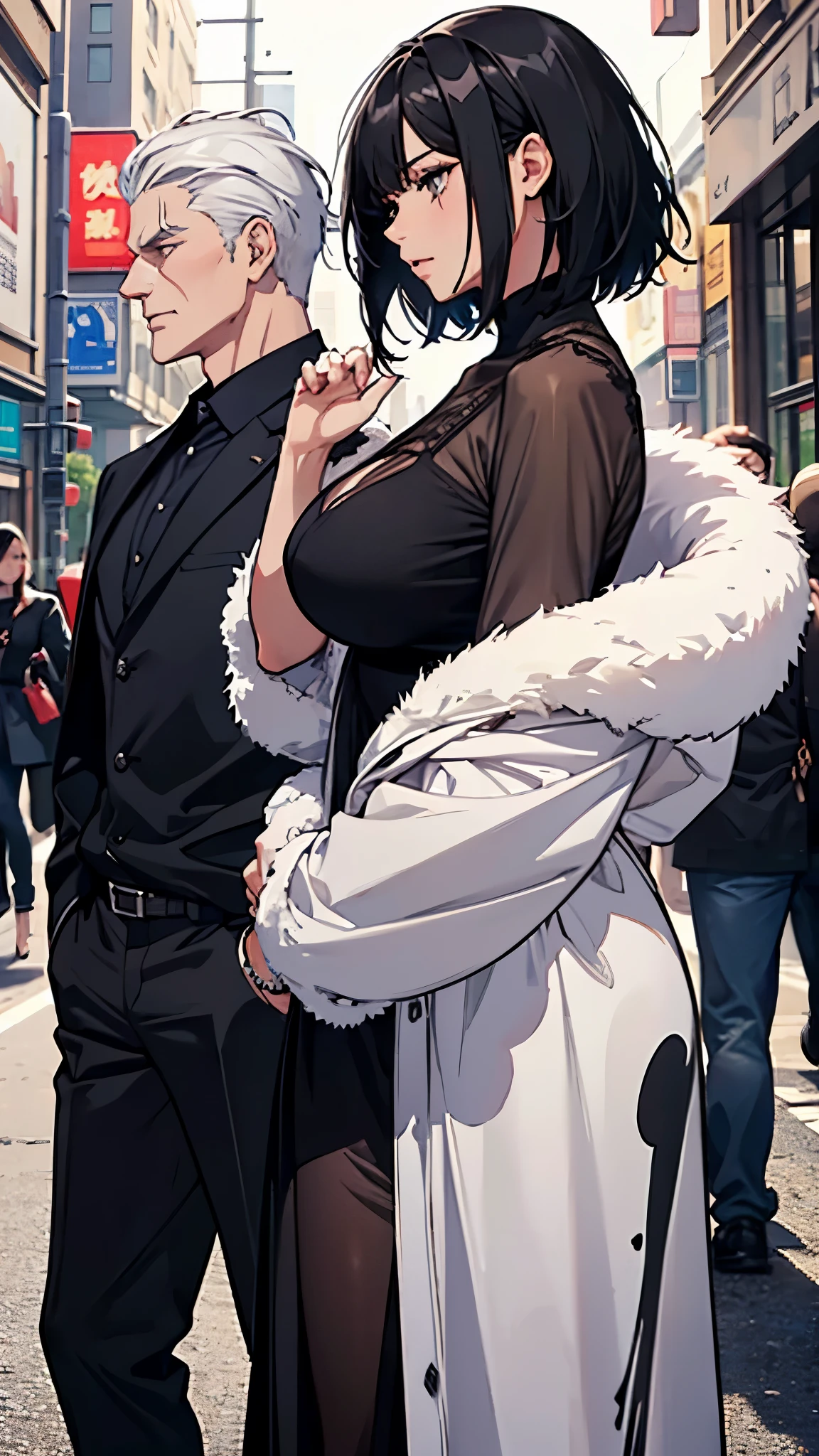 The girl has black bob hair, a figure and large breasts.、The man is middle-aged, tough-looking, tall, and has short, white hair.、Man and woman lovers、love story、2Alone、Full body description、Late Night、Cowgirl、Side view
