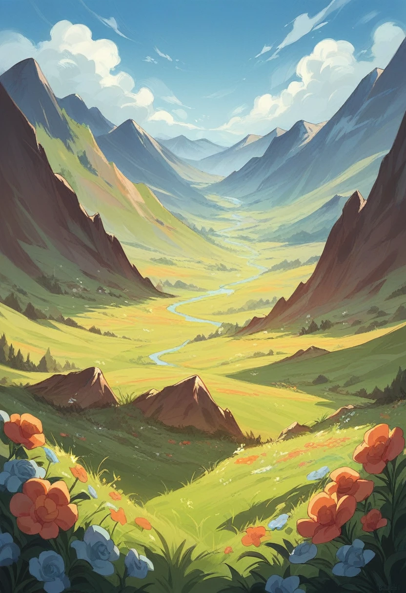 Landscape with grass, flowers, a mountain, and a clear sky