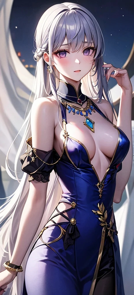 1 female,Beautiful woman,Ethereal temperament,noble,Slender figure,White skin,Purple Eyes,Silver long hair,Delicate necklace,Delicate silver jewelry,Royal attire in dark blue and silver,Moonlight,outdoor,Simple background,night,Delicate face,thin,Normal body,Delicate face,Small chest,noble的皇家服饰
