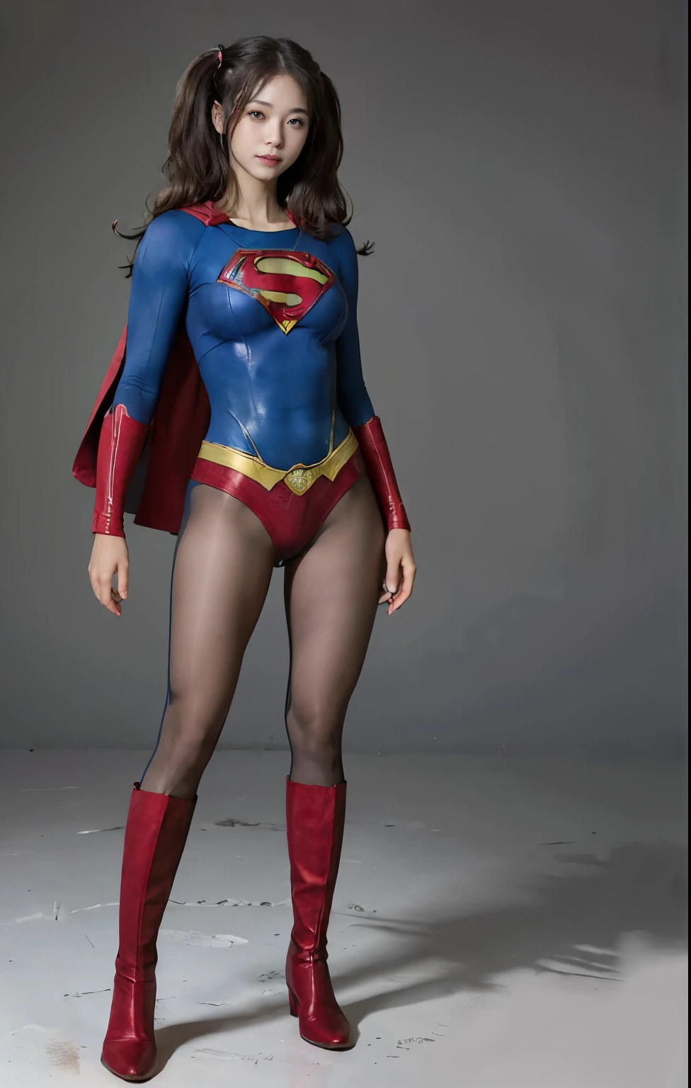 No background、(((Beautiful legs in black tights.)))、(((Legally express the beauty of your smile)))、((((Make the most of your original images)))、(((Supergirl Costume)))、(((Beautiful hair with twin tails)))、(((suffering)))、(((Please wear black tights....、Wear red boots)))、((Best image quality、8K))、((Highest quality、8K、masterpiece:1.3))、(((Preserve background )))、Sharp focus:1.2、Beautiful woman with perfect figure:1.4、Slim Abs:1.2、Wet body:1.5、Highly detailed face and skin texture、8K