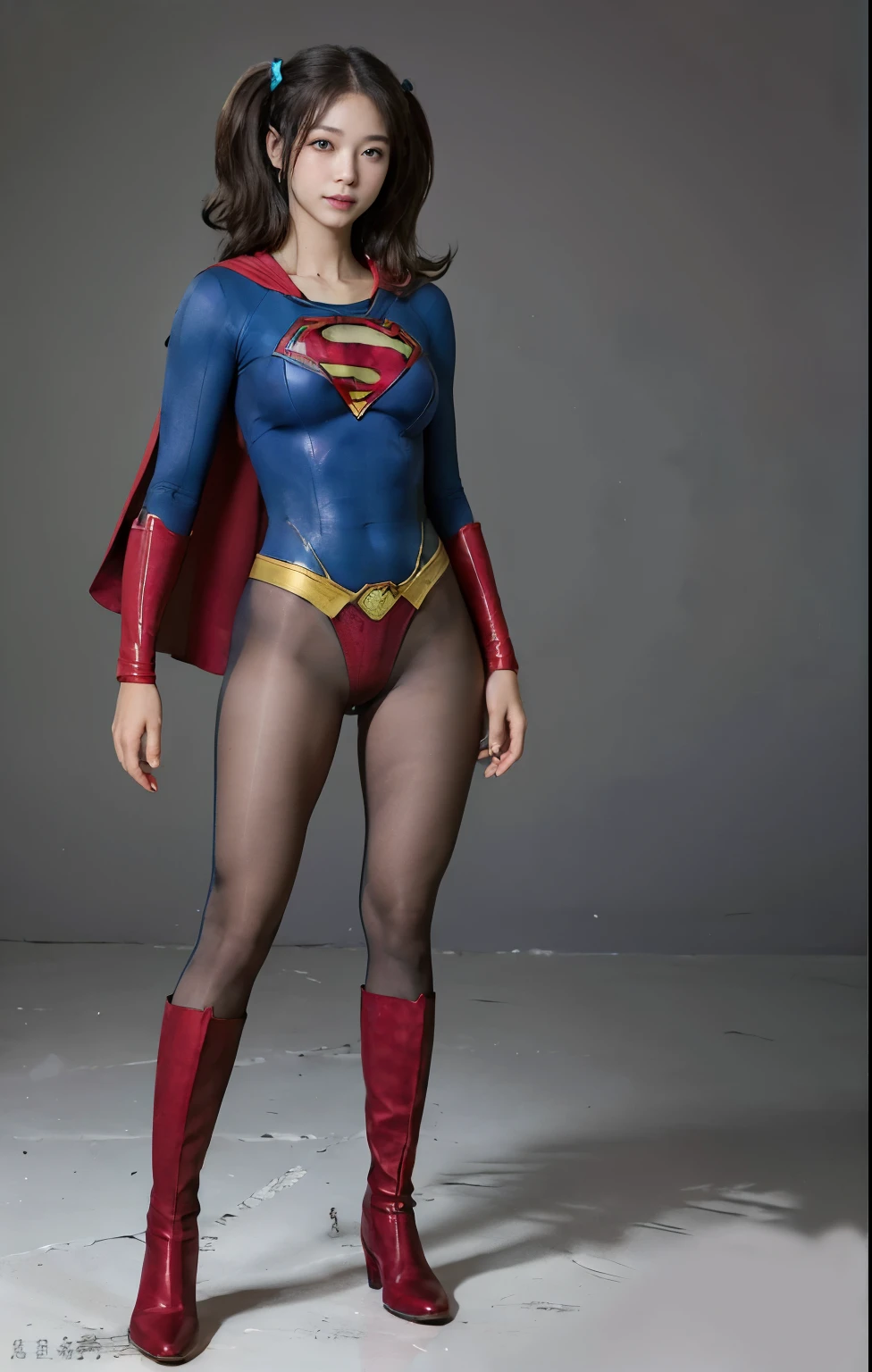 No background、(((Beautiful legs in black tights.)))、(((Legally express the beauty of your smile)))、((((Make the most of your original images)))、(((Supergirl Costume)))、(((Beautiful hair with twin tails)))、(((suffering)))、(((Please wear black tights....、Wear red boots)))、((Best image quality、8K))、((Highest quality、8K、masterpiece:1.3))、(((Preserve background )))、Sharp focus:1.2、Beautiful woman with perfect figure:1.4、Slim Abs:1.2、Wet body:1.5、Highly detailed face and skin texture、8K