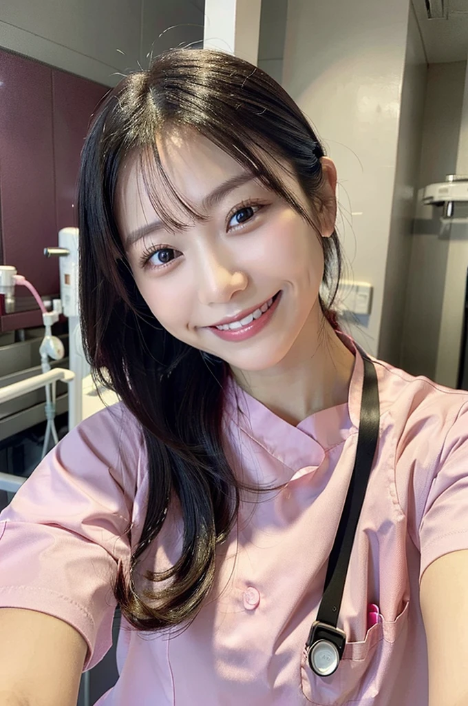 Dental hygienist woman smiling wearing pink medical scrubs Pink, short sleeves, cute, Japanese, black hair, female, early 20s high resolution Highest quality Upper body close-up