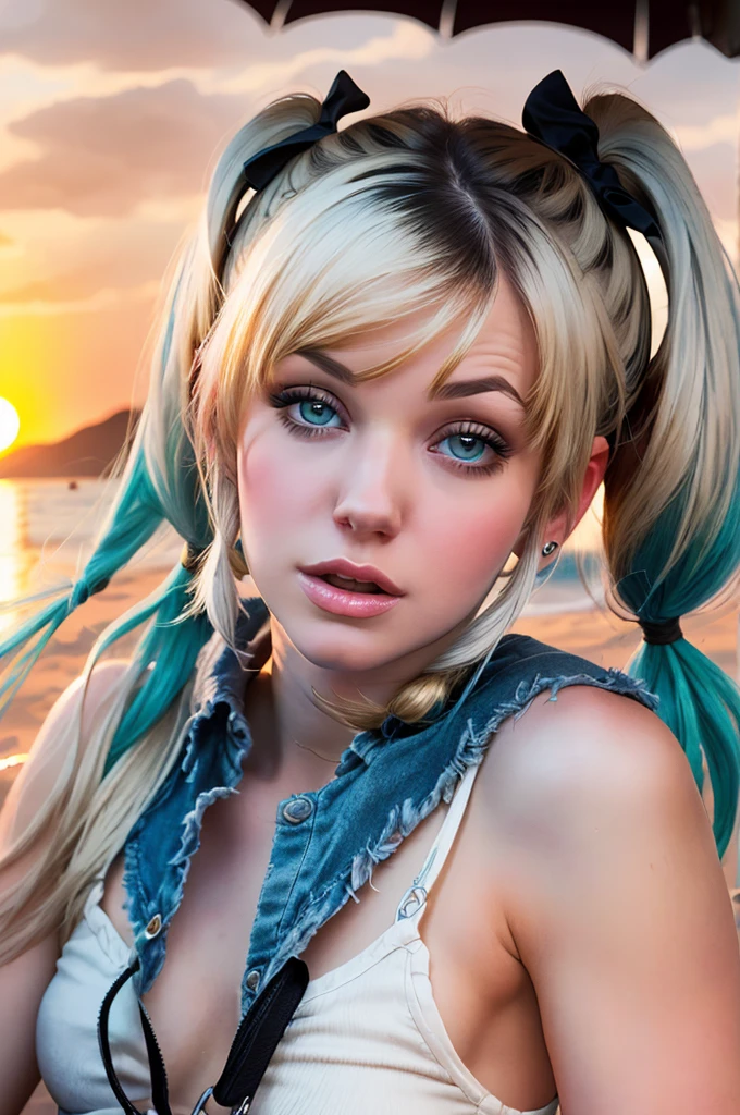 ((beste-Qualit)), ((tmasterpiece)), ((Realistic)), Ultra-detailed, young Anna Faris, (((Twin tails Medium Length Hairstyle!!!))), hot beach, sunset, Perfect colorful gradient, Illustration Style: Ernst Fuchs, 8к