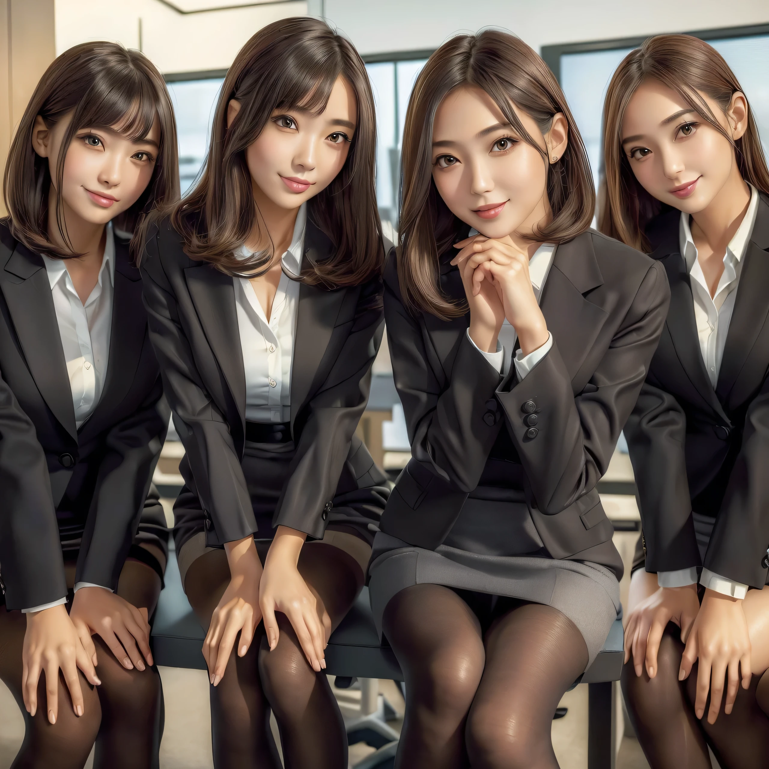 (best quality, masterpiece:1.5), (ultra-detailed, realistic:1.37),4K,(4girls:1.5),japanese,cute,beautiful,(office uniform:1.3),(miniskirt),(black pantyhose:1.2),medium hair,smile,beauty,perfect hands,perfect fingers,perfect legs