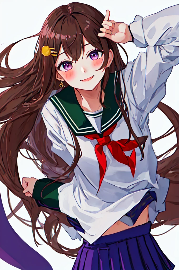 Highest quality, masterpiece, High resolution, 一人in, {Kisaragi_Fleet Collection:1.15}, length_hair, brown_hair, hair_ornament, purple_eye, smile,, One girl, brown_eye, Looking_in_Audience, School_uniform, Simple_background, white_background, blush, upper_body, Sailor_collar