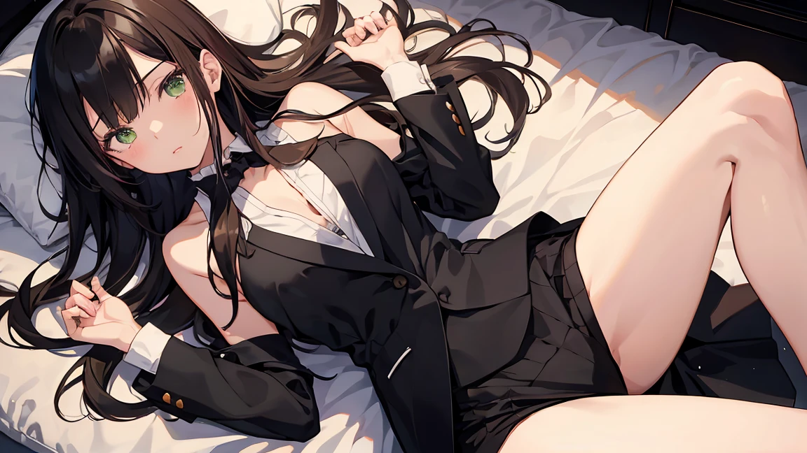 Rin Fukuoka, 1 girl, Black Hair, Long hair, Green Eyes, Dark and shiny skin, White shirt, Black Tie, High Detail, Luxury landscape, Bare legs, American brown hair, Medium breasts