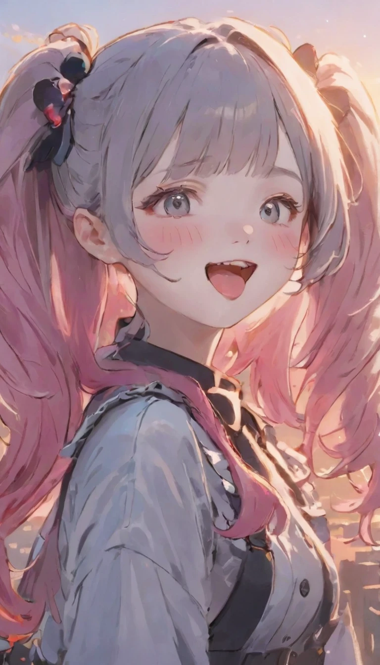Highest quality、masterpiece、One Girl、、White skin、Wicked Smile:0.8、Open your mouth、(Sticking out tongue)、Pink Hair。Twin tails、Hair Clip、big hair clip、Cute Hair Clips、Gray eyes、Little red cheeks and nose、BREAK、Happy, Warm and soft lighting, sunset, (spark:0.7)