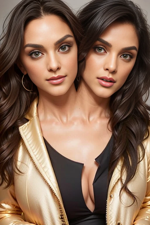 best resolution, 2 heads, two friends becoming conjoined, large neck space, stuck together , medium tied hair, winter jacket