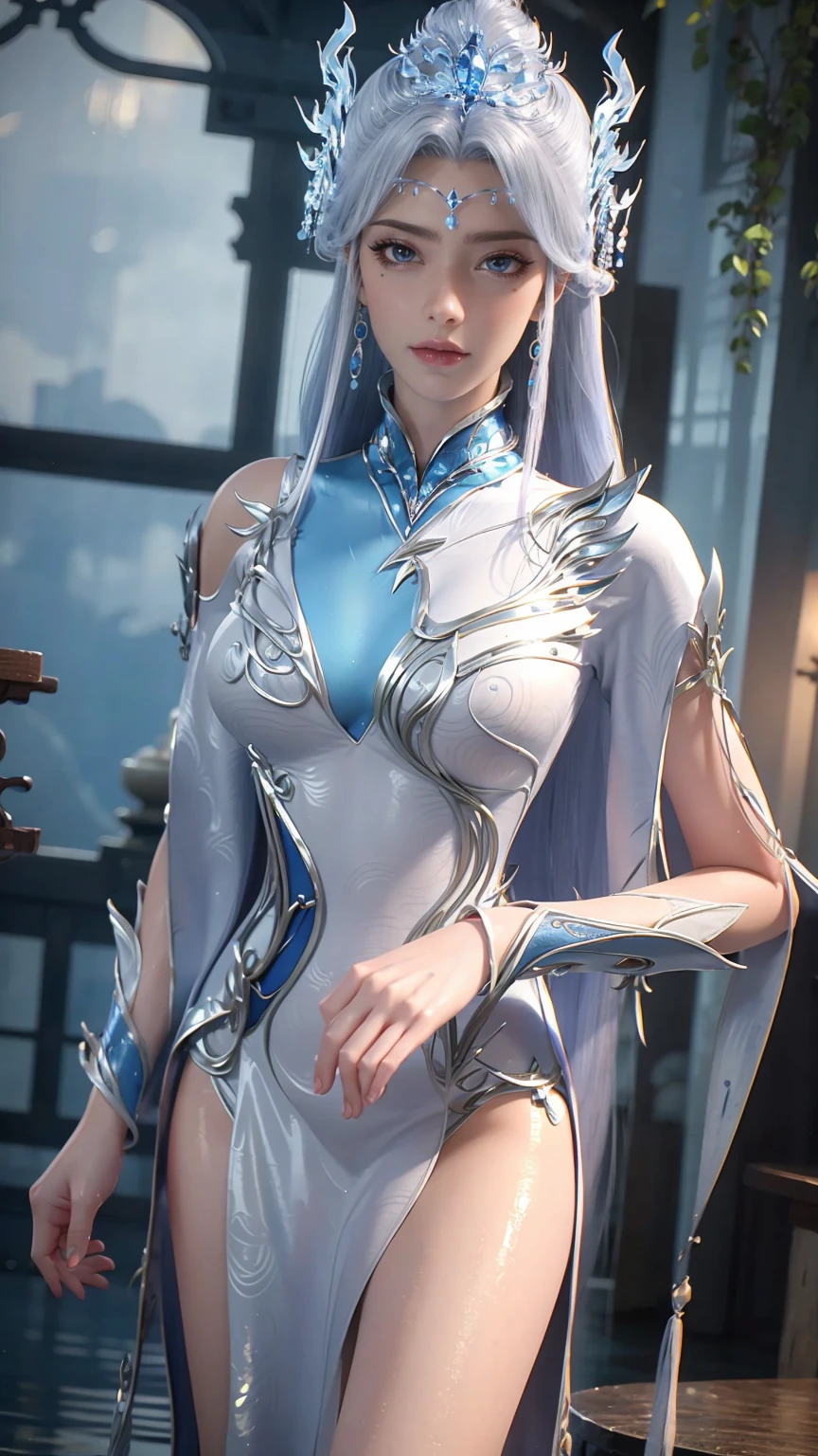 ((Biologically correct number of limbs))、(( Full body image(Including the face)))、4K、masterpiece、((Focus on the face))、((Symmetrical facial features))、The eyes are described in detail、Beautiful woman、Outstanding style、Beautiful arms、Beautiful legs、beautiful hands、(slim)、Facial details、Small earrings、necklace、(white shiny、Shiny dress、barefoot、radiant skin)Smile、(Beautiful legsのアップ)、Sweat,Starry Sky,Starry Sky背景,Deep View,above water,Wet all over,Water Magic,Wet,(Silver long hair),(Blue Eyes),Gauze on body