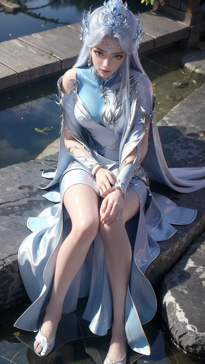 masterpiece,Best image quality,HD 8K Wallpaper,Nice photos,elegant single woman,circle skirt,Shining eyes,Every detail is perfect,A masterpiece of exquisite beauty,The beauty of purity and lightness,gentle and elegant,Attention to detail,Lace round skirt,immortal,huge,Full body capture,Wet all over,Water Magic,Wet,(Silver long hair),(Blue Eyes),Gauze on body
