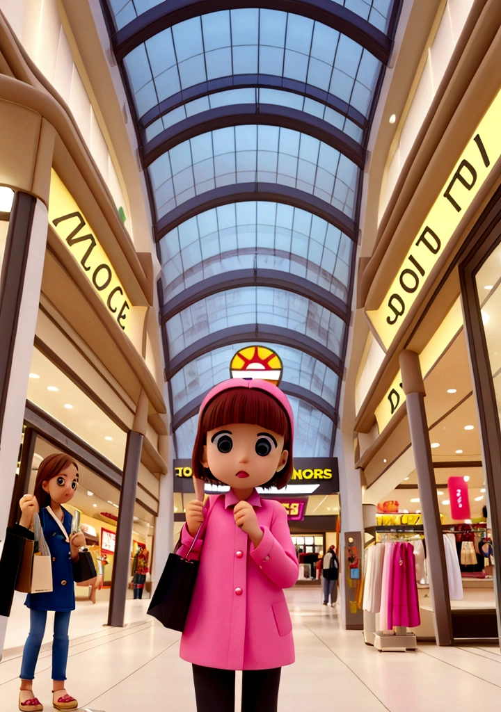 a shoping mall ,a girl see new clothes