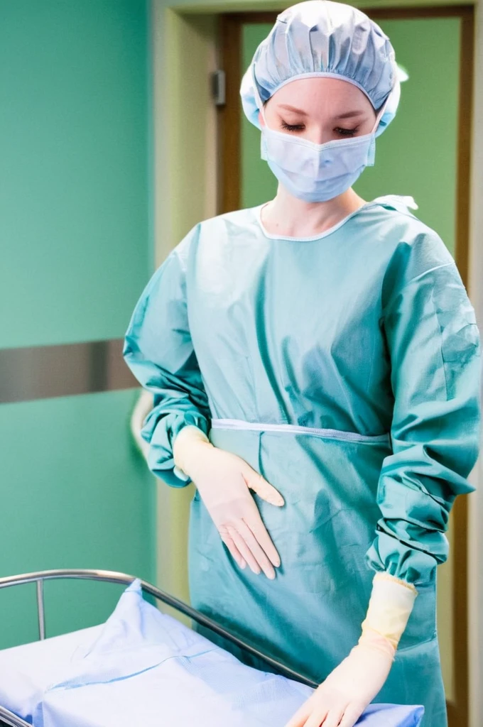 score_9, score_8_up, score_7_up, pale skin, his face showed signs of embarrassment, scrubs, surgical mask, surgical cap, long sleeve surgical gown, cover your ears,
1girl, pregnant, big breasts, solo, rubber gloves, looking down, furrowed brow, hospital bed, standing