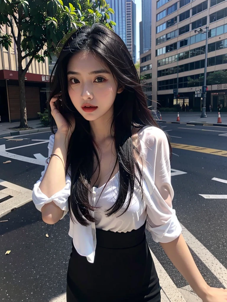 one girl,Beutiful women, In the city,During the day,Office Lady,Long Hair,Black hair color