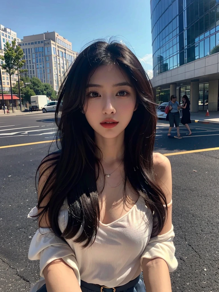 one girl,Beutiful women, In the city,During the day,Office Lady,Long Hair,Black hair color