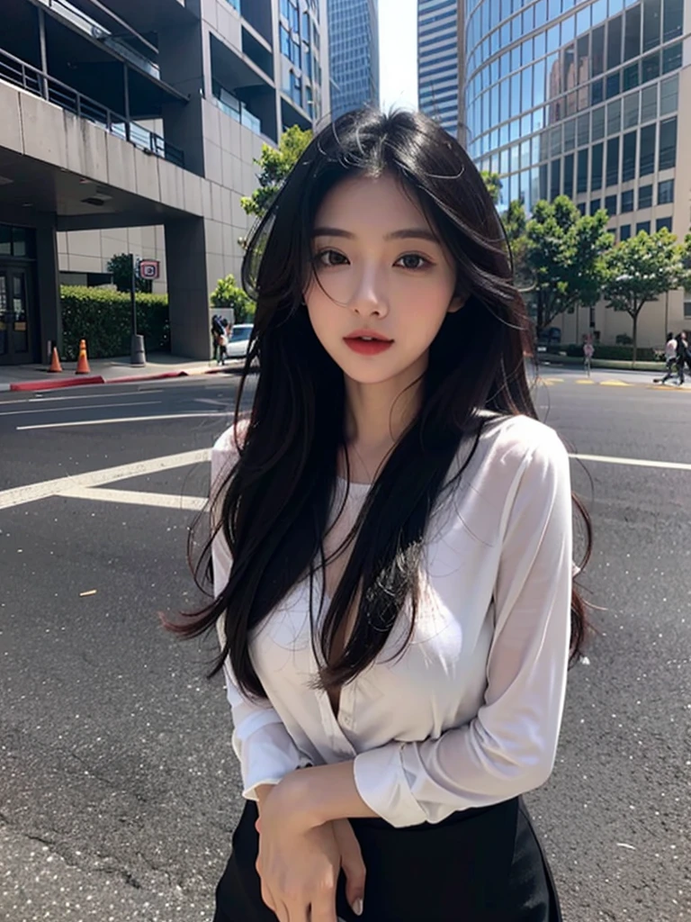 one girl,Beutiful women, In the city,During the day,Office Lady,Long Hair,Black hair color