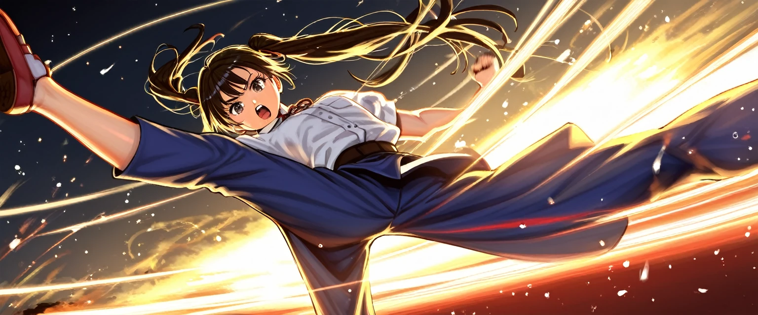 1girl, twintail girl, fighting, punch, 1girl, twintail girl, fighting, high kick, anime style, perfect face, long eyelashes, cinematic angle, cinematic lighting, cinematic shadows, dynamic pose, (best quality,8k,highres,:1.2),ultra-detailed,vivid colors,HDR,UHD,studio lighting,ultra-fine painting,sharp focus,physically-based rendering,extreme detail description,professional