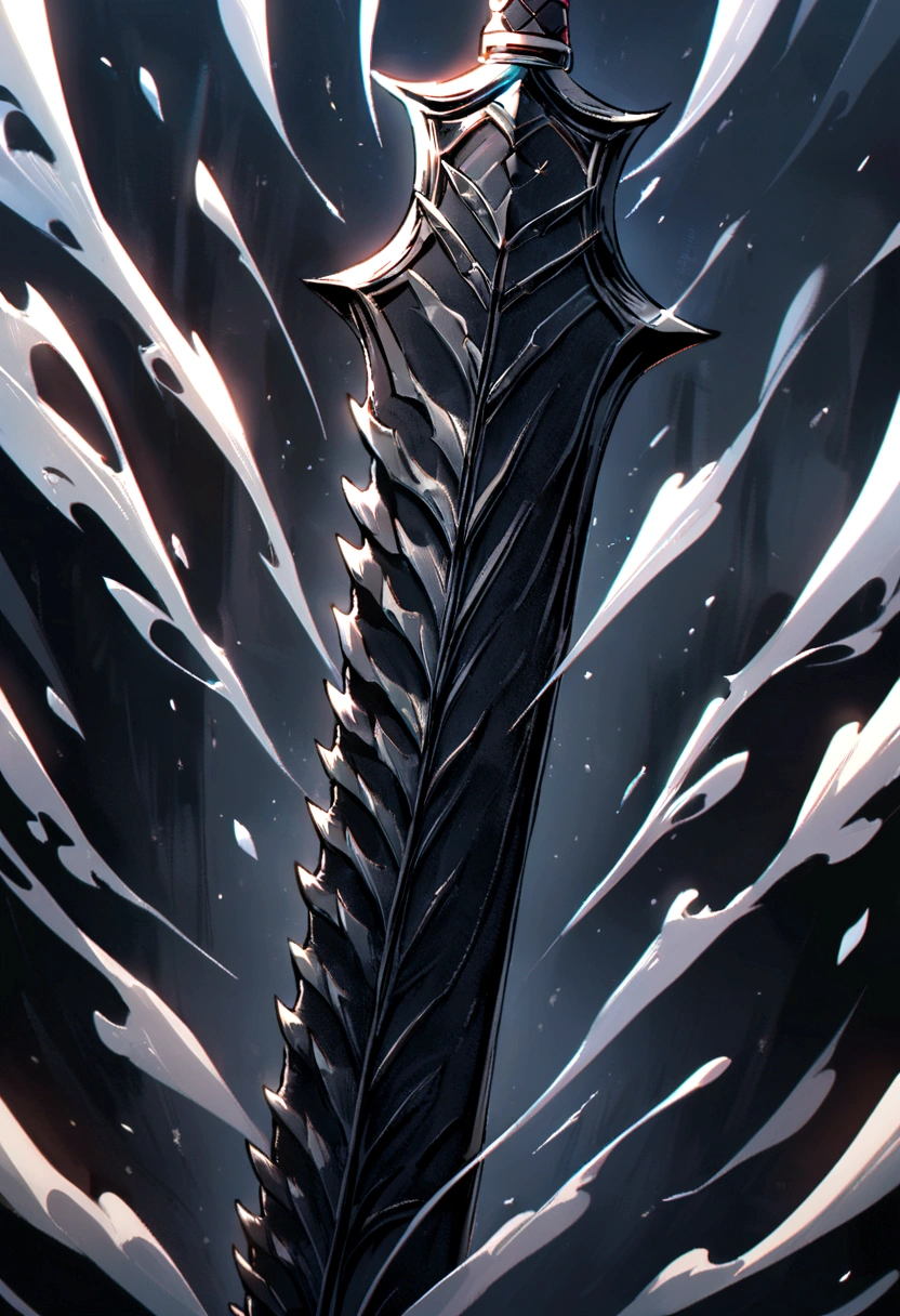 a large double-edged sword with a black metallic appearance and silver sparkles. The blade has a texture similar to dragon scales, and the blade can be extended and retracted at will.